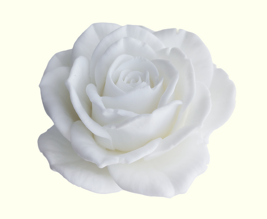 Close-up of intricate petals on a white rose soap bloom, handcrafted with MCT oil and apricot kernel oil for a gentle cleanse.