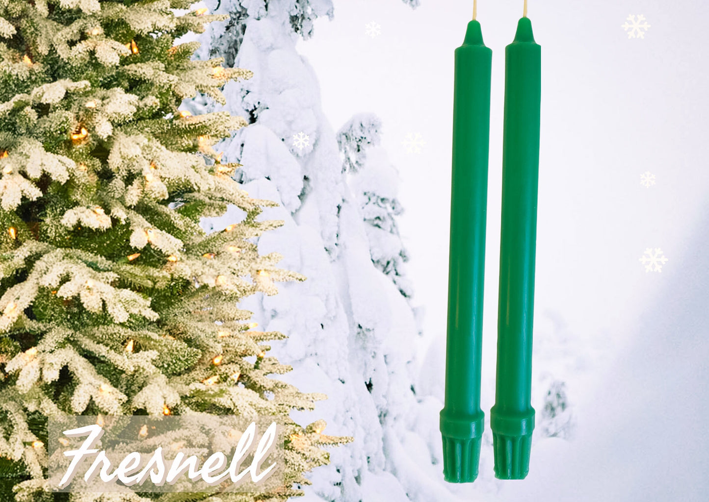 Festive green beeswax colonial style candlesticks on a festive winter background of an evergreen tree with snow. 