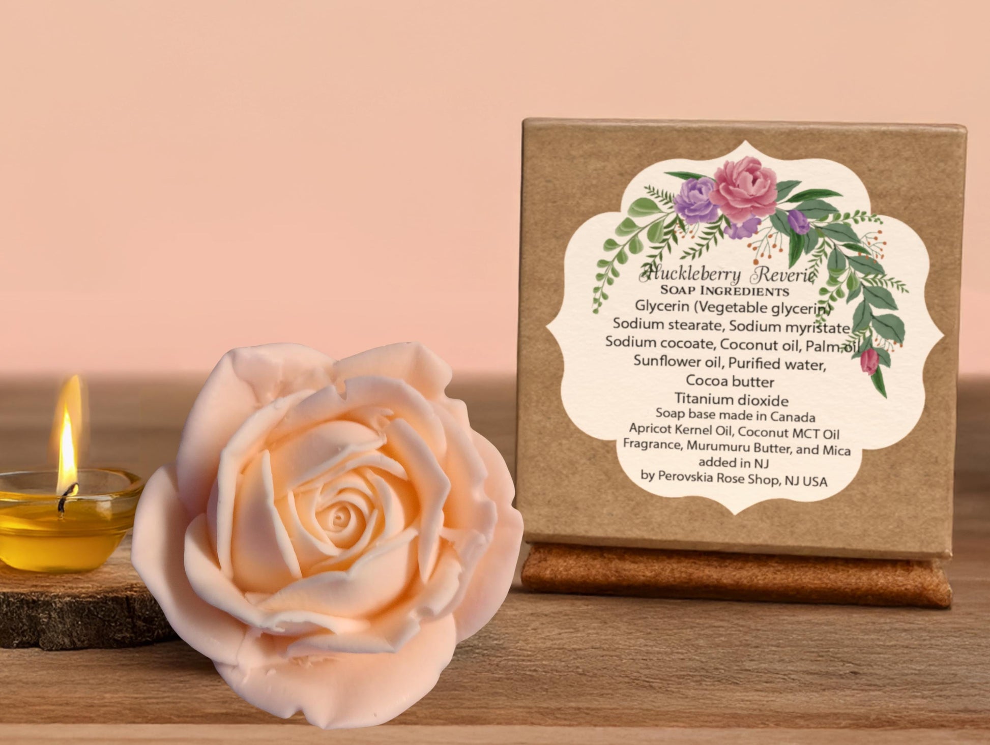 Hand-molded peach rose soap flower in an elegant individual gift box.