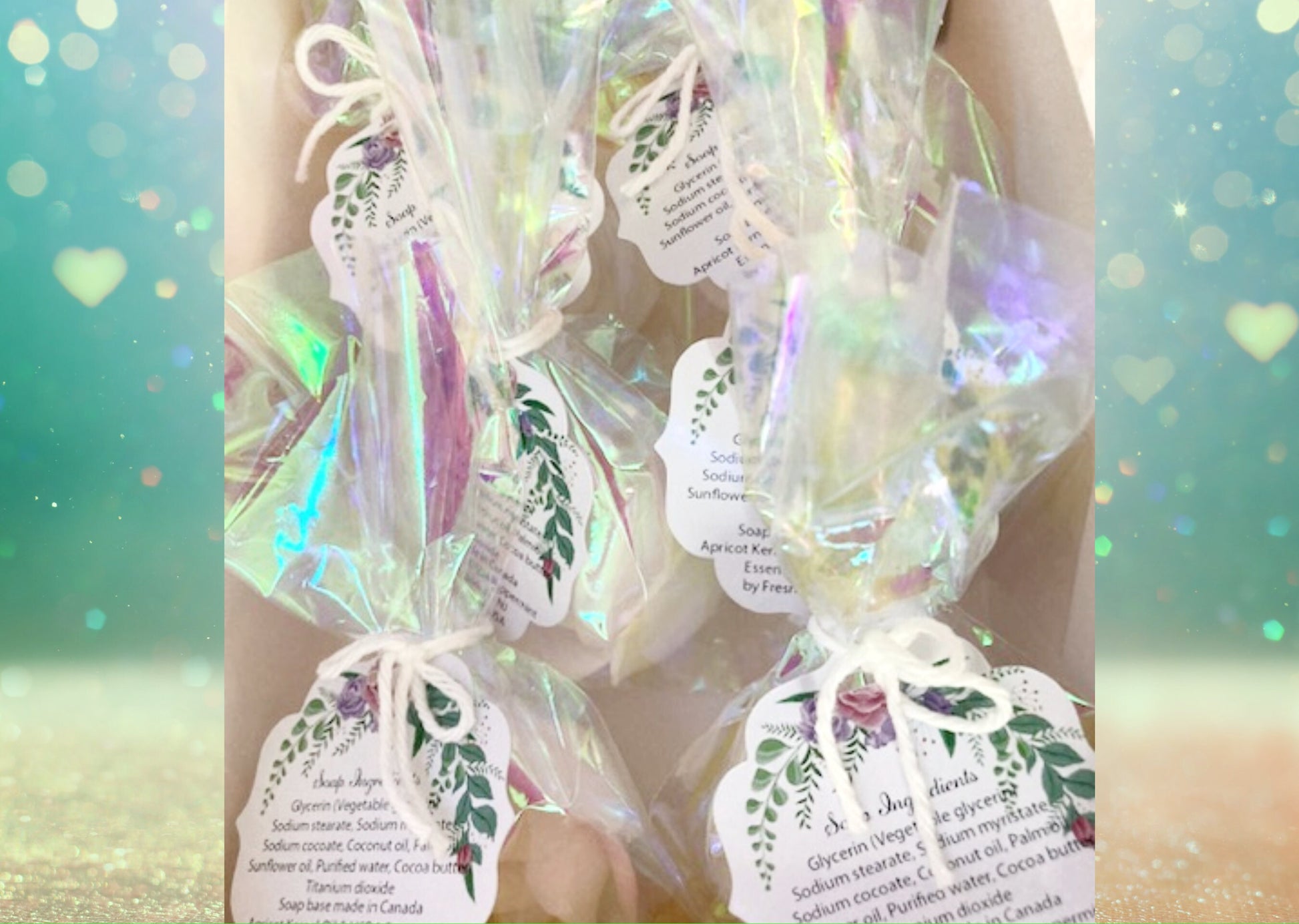 Single rose-shaped soap in boutique cellophane wrapping with ingredient labels.